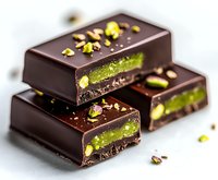 Dark chocolate bars with bright green pistachio filling stacked and garnished with crushed nuts on white background, macro food photography.