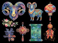 Colorful Chinese zodiac goat clipart set isolated on transparent background, featuring lantern, scroll, knot, and firecrackers for T-shirts and print on demand.