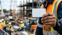 Construction worker in safety vest holding blank white card at active building site with cranes and scaffolding in background for messaging or branding purposes.
