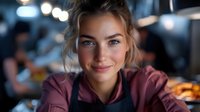 Young woman with light skin tone and blonde hair wearing burgundy hoodie, smiling at camera in casual indoor setting with blurred background lights, suitable for lifestyle and portrait use.