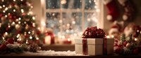 Festive gift box with red bow against blurred Christmas tree and window background, creating warm holiday atmosphere.