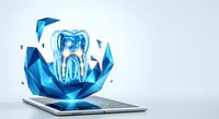 Holographic tooth emerges from laptop screen with blue crystalline shards, representing digital dentistry, telemedicine, and dental technology solutions for healthcare marketing.