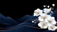 Elegant white flowers with delicate petals against deep navy blue waves and black background, featuring graceful golden curved lines for sophisticated design projects.