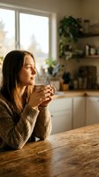Young Caucasian woman in cozy knit sweater enjoying hot beverage at wooden kitchen table with warm natural lighting and plants in modern home interior.