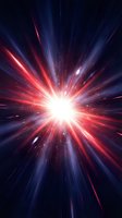 Radiant energy burst with red and blue light rays exploding from bright white center, creating dynamic motion effect for sci-fi, technology, and abstract design projects.