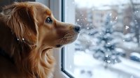 Golden retriever dog looking through window at falling snow, winter scene with blurred snowy background and natural lighting creates cozy atmosphere.
