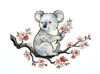 Koala sitting on flowering branch with pink blossoms, isolated on white background, suitable for nursery decor, children's apparel, and design projects.