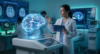 Female doctor examining holographic brain scan in futuristic medical laboratory with advanced neurological imaging technology and digital displays.