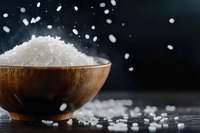 Sea salt crystals falling into wooden bowl against dark background, dramatic food photography with selective focus and floating particles for culinary design.