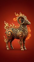 Ornate bronze ram with intricate swirl patterns and golden flames on red gradient background for zodiac and spiritual designs.
