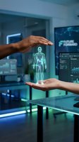 Hands protecting holographic human body projection in futuristic medical laboratory with digital health monitoring displays and advanced healthcare technology.