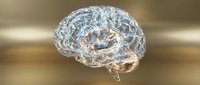 Transparent glass brain with neural network patterns floating against warm golden background for medical education and neuroscience concepts.