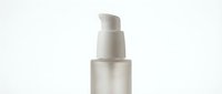Frosted glass pump bottle with white dispenser cap, minimalist skincare packaging on light background, for beauty and cosmetic branding.