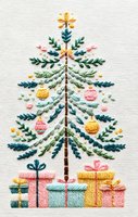 Embroidered Christmas tree with colorful ornaments and wrapped presents beneath on natural linen fabric. Festive holiday needlework design.