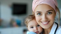 Young female medical professional wearing pink headscarf and white coat embraces small child patient, displaying warm caring smile in hospital setting. Positive healthcare concept.
