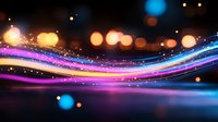 Glowing neon waves with sparkles and bokeh lights create dynamic motion against dark background, featuring vibrant purple and blue colors with floating particles.