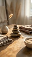 Zen spa composition with balanced stone stack, dried grass in ceramic vase and linen towels on wooden table in warm natural sunlight for wellness relaxation.