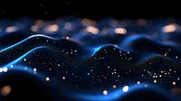 Futuristic digital wave pattern with glowing blue particles and bokeh lights on dark background creates dynamic technology visualization effect.