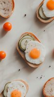 Fresh breakfast sandwiches with sunny side up eggs, sliced cucumber and black pepper on crusty bread, served with cherry tomatoes on light marble background.