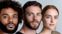Diverse group of young professionals - African American man with afro hair, bearded Caucasian male, and blonde woman with natural makeup on light background.
