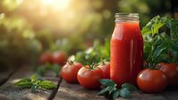 Fresh tomato juice in glass mason jar surrounded by ripe tomatoes and herbs on rustic wooden surface with sunlight in background.