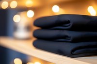 Neatly folded dark fabric stack on wooden shelf with soft bokeh lights creating cozy atmosphere, suitable for spa, hotel, or home decor backgrounds.