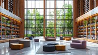 Modern library interior with floor-to-ceiling windows, wooden bookshelves, and colorful round ottomans on reflective marble floor. Natural daylight illuminates reading space.