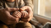 Adult hands gently holding baby feet in warm sunlight by window, showcasing tender parent-child bond and newborn care in cozy home setting.