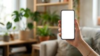Female hand holding smartphone with blank white screen in modern living room with plants and wooden shelves, suitable for app mockups and mobile technology presentations.