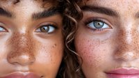 Close up portrait of two diverse young women with natural freckles and different eye colors showing beauty in diversity and natural skin features.