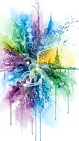 Vibrant watercolor splash with digital circuit patterns and urban skyline silhouette in rainbow colors on white background for creative design projects.