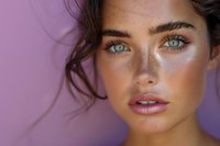 Young woman with bright blue eyes, freckles and natural makeup against purple background. Close up portrait showing glowing skin and windswept brown hair.