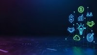 Digital business technology concept with glowing financial icons on dark blue background. Modern fintech and investment symbols for presentations.