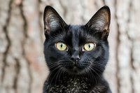 Close up portrait of black cat with bright yellow eyes against blurred natural background, showing detailed facial features and alert expression.