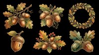 Autumn acorn and oak leaf botanical illustrations isolated on transparent background. Ready for t-shirt design, clipart, stickers, sublimation, print-on-demand products and digital crafts.