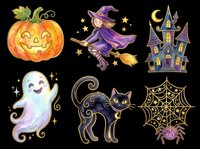 Spooky Halloween collection featuring jack-o-lantern pumpkin, witch on broomstick, haunted castle, friendly ghost, black cat, and spider web. Isolated on transparent background, ready for t-shirts, stickers, clipart, and print-on-demand designs.