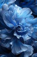 Luminous blue peony petals create dramatic floral macro composition with delicate translucent layers and deep navy tones against dark background.