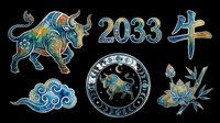 Colorful Chinese zodiac ox set for 2033, isolated on transparent background. Includes bull, lotus, clouds, bamboo, moon circle, and Chinese character. Great for stickers, T-shirts, print on demand.