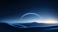 Minimalist futuristic landscape with glowing horizon arc over rolling blue dunes at twilight, creating ethereal atmosphere for science fiction and space themes.