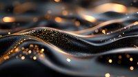 Abstract flowing waves with golden particles and bokeh lights on dark background, suitable for luxury branding, technology presentations, and digital design projects.