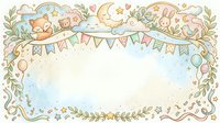 Whimsical nursery frame with sleeping animals, moon, stars, and bunting on isolated white background, ready for baby shower invitations, greeting cards, and children's design projects.