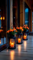 Glowing lanterns with orange roses line wooden deck at dusk, creating romantic ambiance with candlelight reflections and warm floral arrangements.