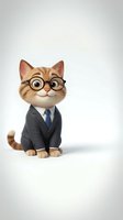 Cute tabby kitten wearing business suit and glasses on white background, professional corporate mascot character for office presentations and marketing.
