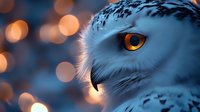 Snowy owl with striking golden eyes and white plumage against warm bokeh lights, suitable for wildlife and nature backgrounds.