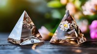Crystal glass pyramids with delicate floral reflections on dark surface against soft bokeh background, creating elegant decorative display for luxury home decor.