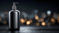 Black cosmetic pump bottle on dark surface with golden bokeh lights background for luxury skincare and beauty product packaging design.