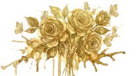 Golden watercolor roses bouquet with dripping paint effect and butterflies on white background for wedding invitations and romantic designs.