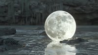 Full moon rising over dark rippling water surface with reflection, creating mysterious atmospheric night scene in monochromatic tones.