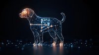 Glowing constellation of dog silhouette with connected dots forming star pattern against dark background, digital art concept for zodiac and astronomy themes.