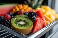 Fresh fruit salad with kiwi, watermelon, berries and pineapple in metal container. Healthy eating, nutrition, diet concept for restaurants and cafes.